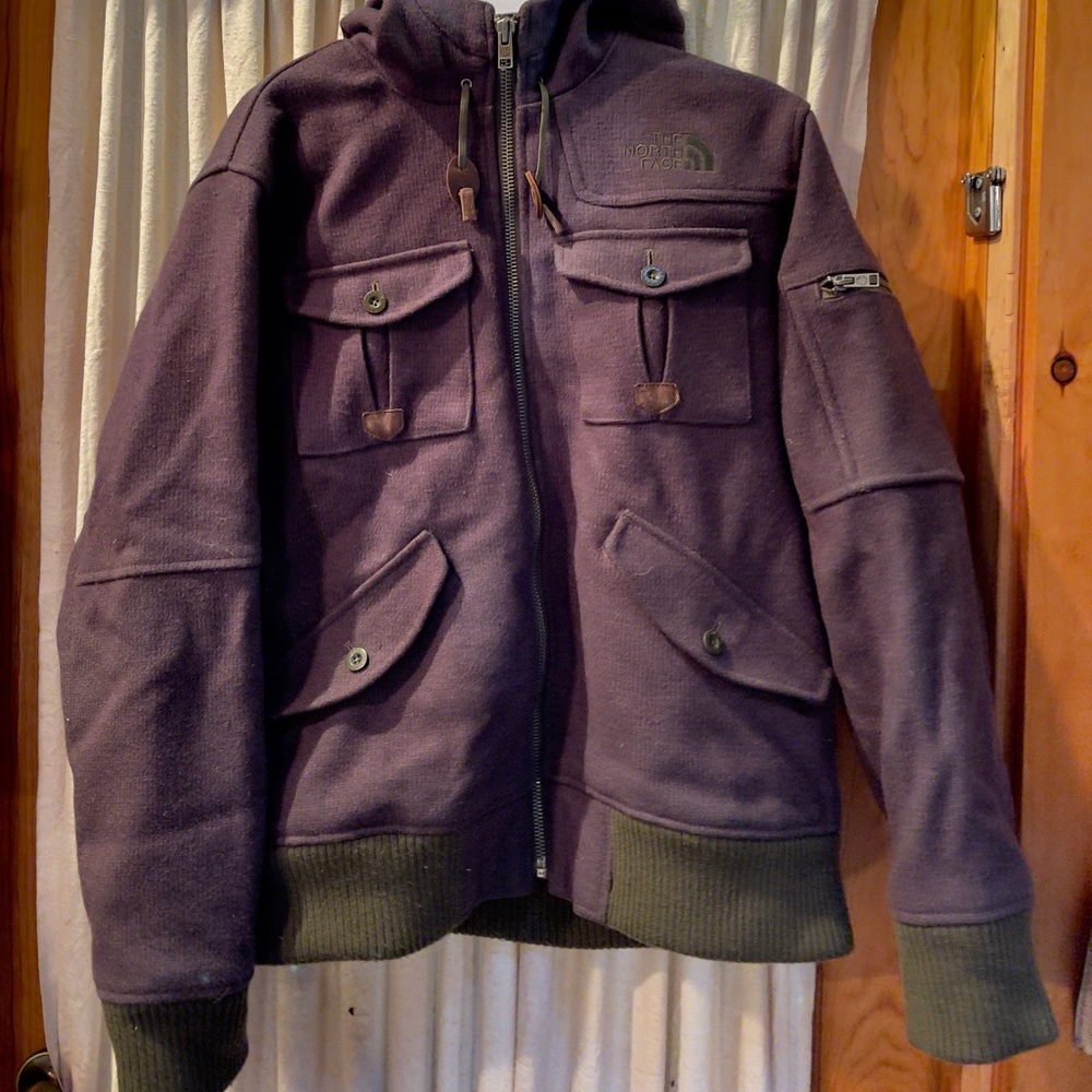 North Face Wool coat mens medium/large leather trim olive green